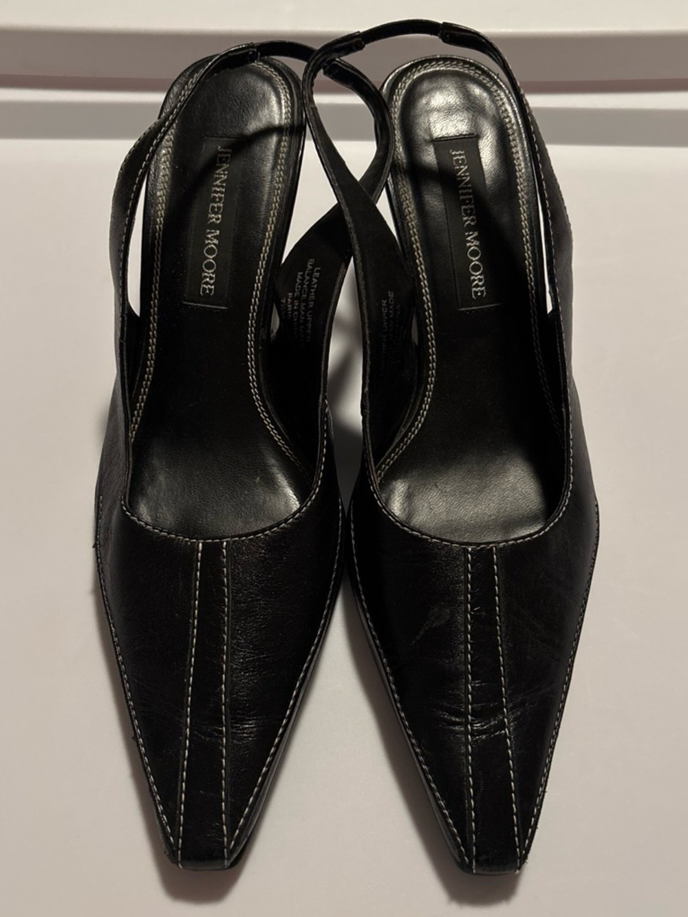 Y2K Jennifer Moore Black Pointed Leather Slingback Kitten Heels